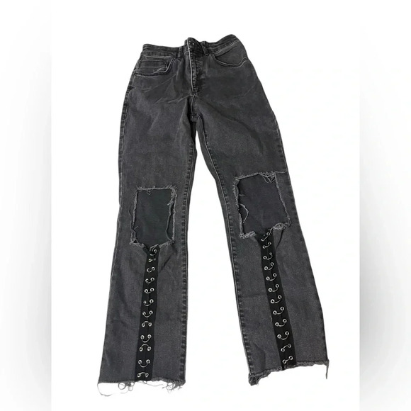 The Ragged Priest Jeans Faded Black High Rise Crop Straight Metal Rings Size 26 - Picture 1 of 9
